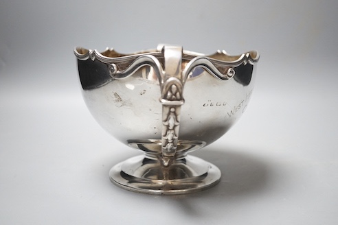 A George V silver two handled presentation pedestal bowl, with engraved inscription, Adie Bros. Birmingham, 1922, diameter 18.7cm, 29oz.